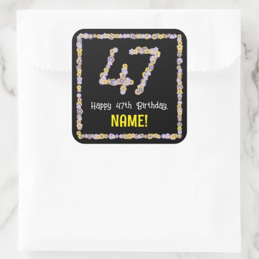 47e verjaardag: Floral Flowers Number, Custom Name Vierkante Sticker (Tas)