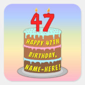 47e verjaardag: Fun Cake and Candles + Custom Name Vierkante Sticker (Voorkant)