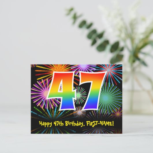 47e verjaardag - Fun Fireworks Pattern + Rainbow 4 Briefkaart (Staand voorkant)