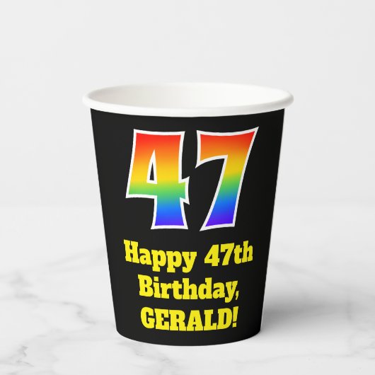 47e verjaardag: Kleurrijk, Leuk, Opwindend, Regenb Papieren Bekers (Achterkant)