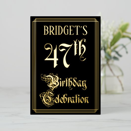 47e verjaardag Partij — Fancy Manuscript & Naam va Folie Uitnodiging (Staand Voorkant)