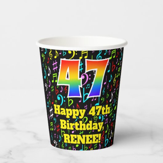 47e Verjaardag: Plezier Muzieknoten Patroon, Regen Papieren Bekers (Achterkant)