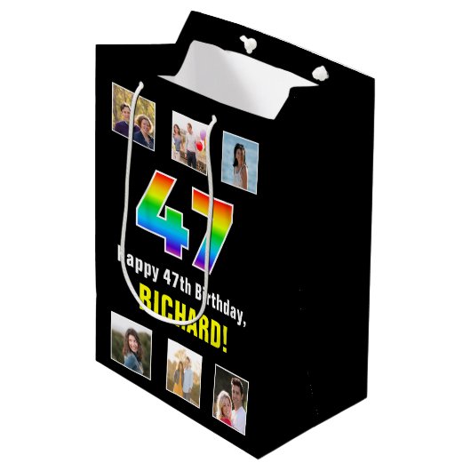47e verjaardag: Regenboog "47", Aangepaste foto's  Medium Cadeauzakje (Voorkant Gekanteld)