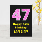 47e verjaardag: roze strepen en harten "47" + naam kaart (Gele Bloem)