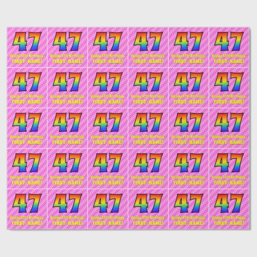 47e verjaardag: roze strips & harten, regenboognr. cadeaupapier (Vlak)