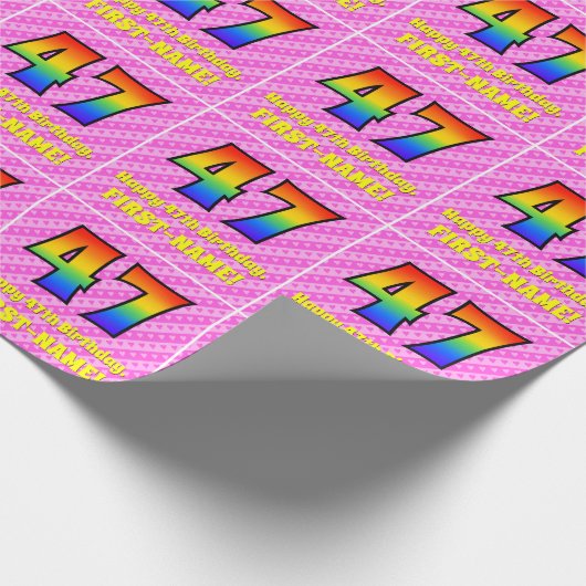 47e verjaardag: roze strips & harten, regenboognr. cadeaupapier (Hoek)