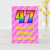 47e verjaardag: roze strips & harten, regenboognr. kaart (Gele Bloem)
