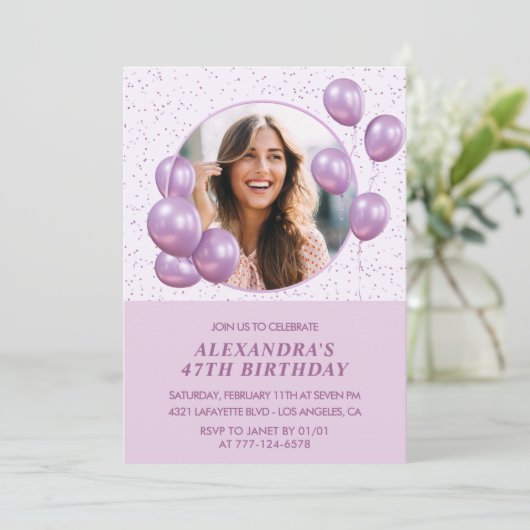 47e verjaardag Uitnodigingen Ballonnen Foto Paarse (Staand voorkant)