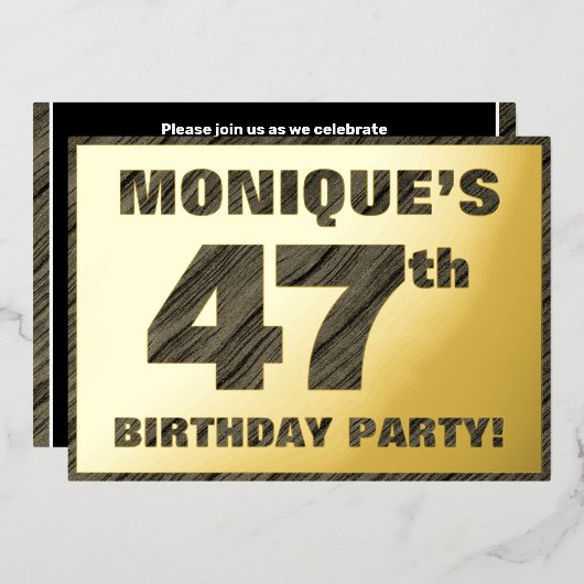 47e verjaardagsfeest — Koutige, namaak-houtnerf te Folie Uitnodiging (Voorkant / Achterkant)