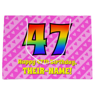 47ste verjaardag: roze strepen & harten, regenboog groot cadeauzakje