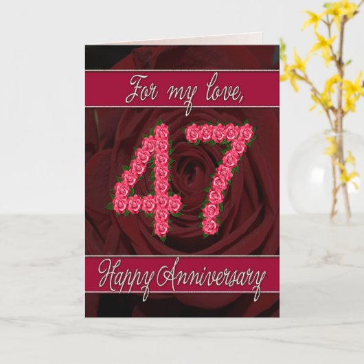 47ste verjaardagskaart met rozen en bladeren kaart (Gele Bloem)