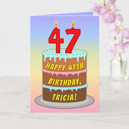 47th Birthday — Fun Cake & Candles, w/ Custom Name Kaart (Orchidee)