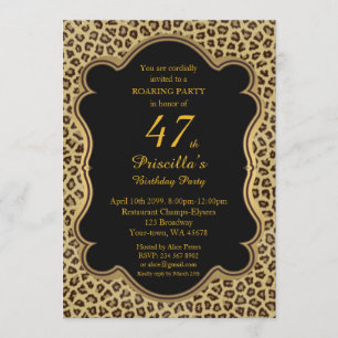 47th, Birthday Party 47th, Cheetah, Black & Gold Kaart
