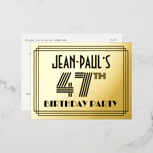 47th Birthday Party ~ Art Deco Style "47" + naam Folie Uitnodiging Briefkaart (Voorkant / Achterkant)