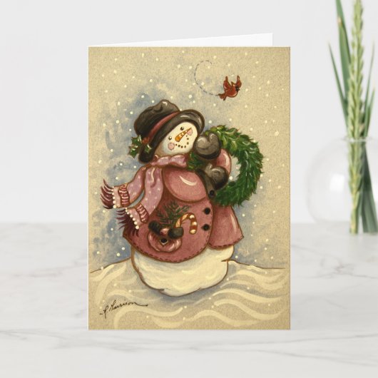 4886 Snowman Wreath Kardinaal Kerstmis Feestdagen Kaart (Voorkant)