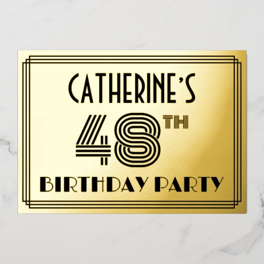 48e verjaardag — Art Deco Style "48" en naam Folie Uitnodiging (Voorkant)