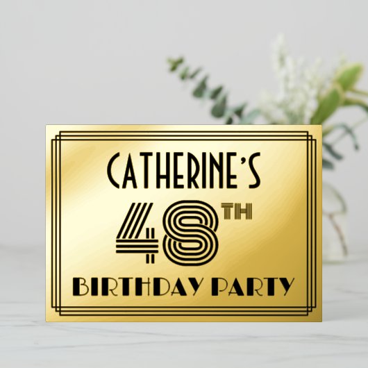 48e verjaardag — Art Deco Style "48" en naam Folie Uitnodiging (Staand Voorkant)