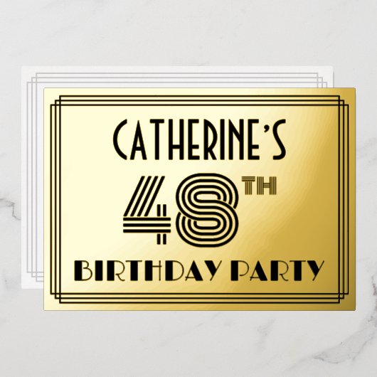 48e verjaardag — Art Deco Style "48" en naam Folie Uitnodiging (Voorkant / Achterkant)