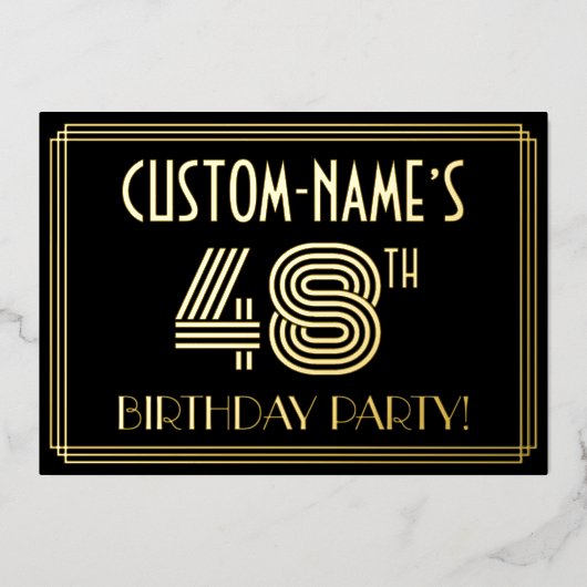 48e verjaardag — Art Deco Style "48" + Naam Folie Uitnodiging (Voorkant)