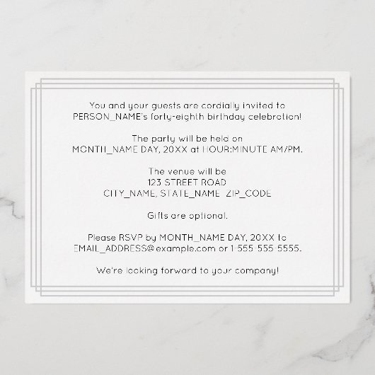 48e verjaardag — Art Deco Style "48" + Naam Folie Uitnodiging (Achterkant)