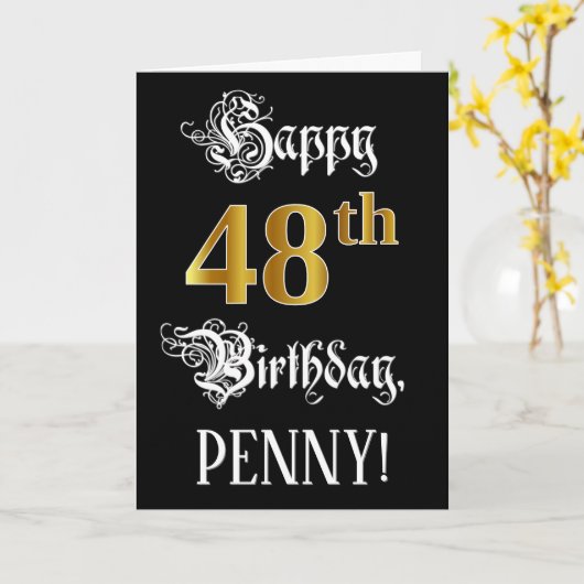 48e verjaardag — Fancy script; Faux Gold Kijk; naa Kaart (Gele Bloem)