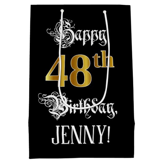 48e verjaardag ~ Fancy script; Faux Gold look; naa Medium Cadeauzakje (Achterkant)