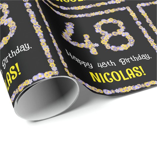 48e verjaardag: Floral Flowers Number, Custom Name Cadeaupapier (Rol Hoek)