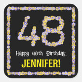 48e verjaardag: Floral Flowers Number, Custom Name Vierkante Sticker (Voorkant)