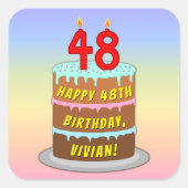 48e verjaardag: Fun Cake and Candles + Custom Name Vierkante Sticker (Voorkant)