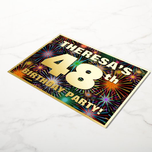48e verjaardag — Fun, kleurrijke Fireworks look Folie Uitnodiging (Gedraaid)