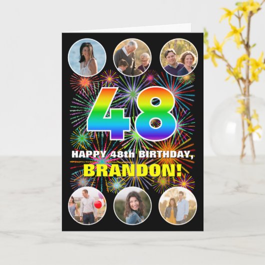 48e verjaardag: Leuke regenboog #, Aangepaste naam Kaart (Gele Bloem)