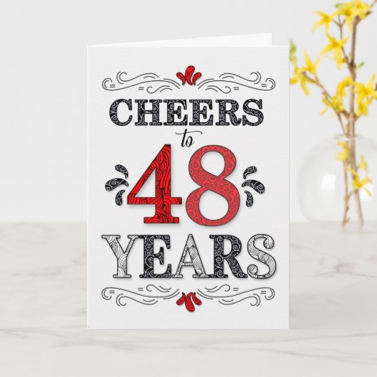 48e verjaardag Proost in rood wit zwart patroon Kaart (Gele Bloem)