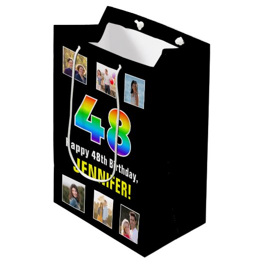 48e verjaardag: Regenboog "48", aangepaste foto's  Medium Cadeauzakje (Voorkant Gekanteld)