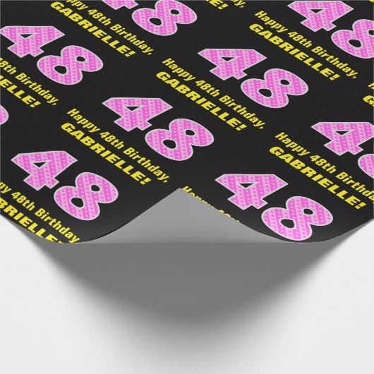 48e verjaardag: Roze strepen en hart "48" + naam Cadeaupapier (Hoek)