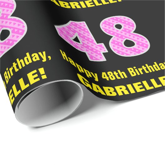 48e verjaardag: Roze strepen en hart "48" + naam Cadeaupapier (Rol Hoek)