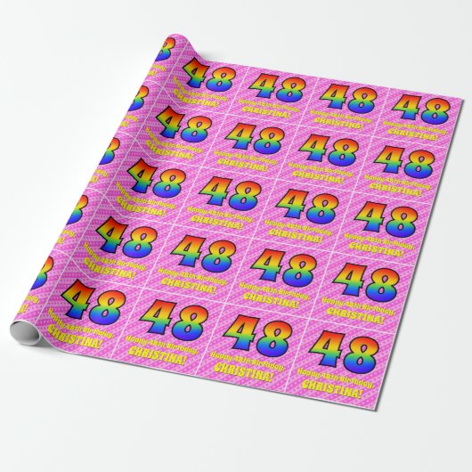 48e verjaardag: roze strips & harten, regenboognr. cadeaupapier (Uitgerold)