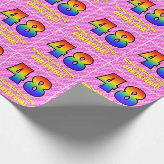 48e verjaardag: roze strips & harten, regenboognr. cadeaupapier (Hoek)