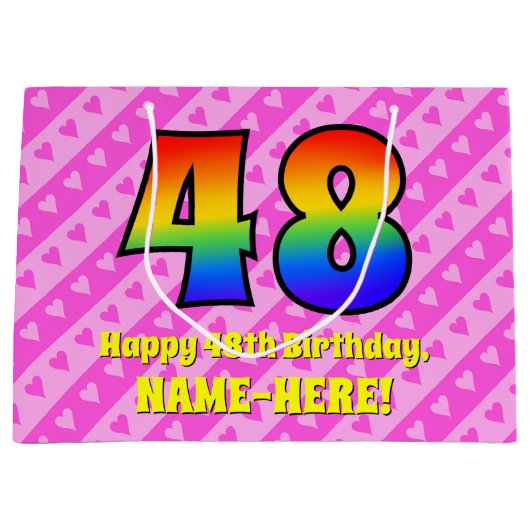 48e verjaardag: roze strips & harten, regenboognr. groot cadeauzakje (Voorkant)