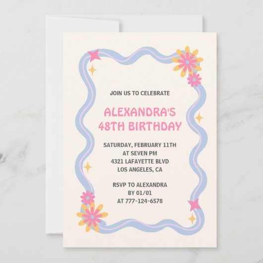 48e verjaardag uitnodiging Retro Groovy Pink Flowe (Voorkant)