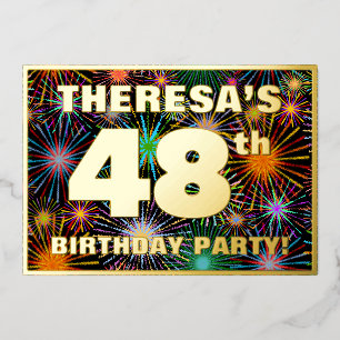 48e Verjaardagsfeest — Pret, Kleurrijke Vuurwerk U Folie Uitnodiging