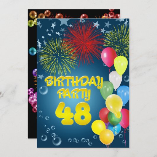 48e verjaardagsfeest Uitnodiging met ballonnen (Voorkant / Achterkant)
