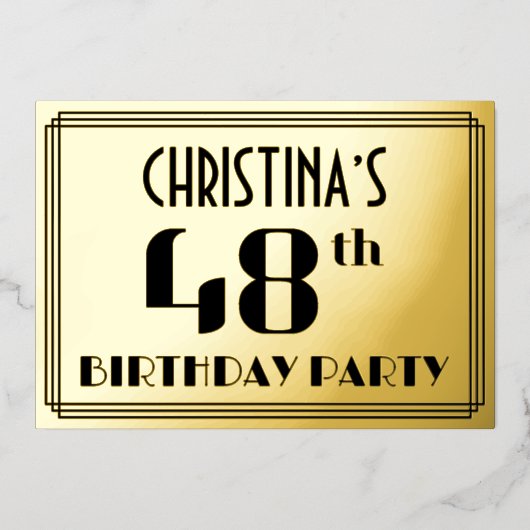 48ste verjaardag: Art Deco Kijk "48" en naam Folie Uitnodiging (Voorkant)