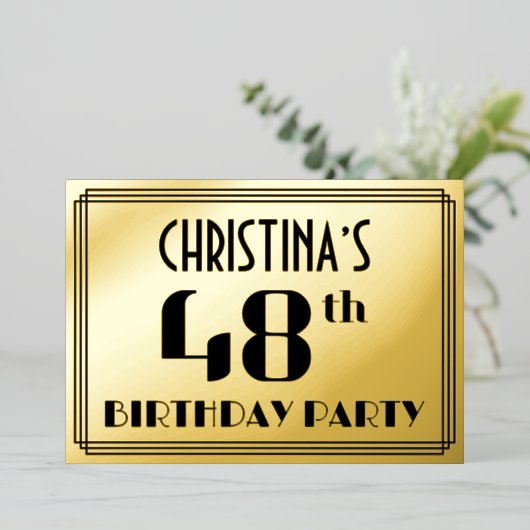 48ste verjaardag: Art Deco Kijk "48" en naam Folie Uitnodiging (Staand Voorkant)