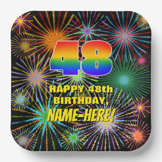 48ste verjaardag: kleurrijk, gevierd vuurwerk papieren bordje (Voorkant)