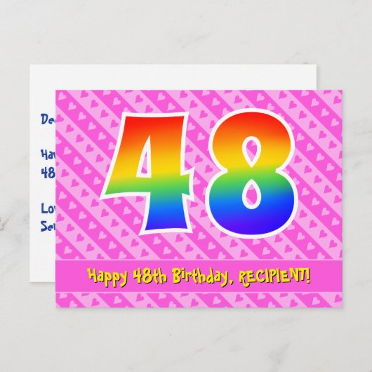48ste verjaardag: Roze strepen & harten, Regenboog Briefkaart (Voorkant / Achterkant)