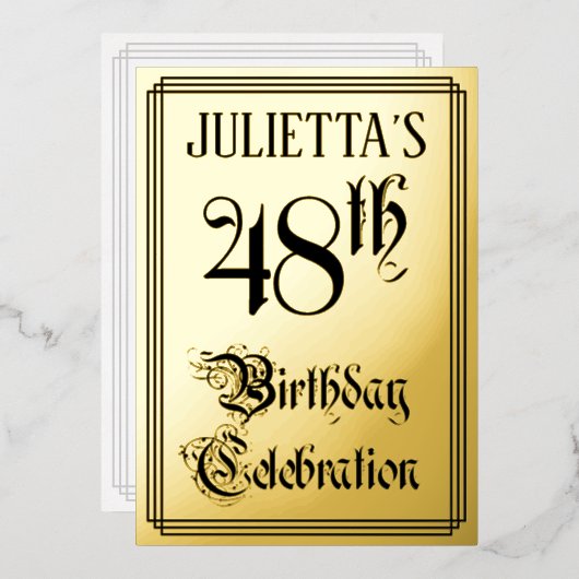48ste verjaardagsfeest — Elegant script + aangepas Folie Uitnodiging (Voorkant / Achterkant)