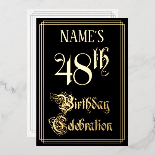 48ste verjaardagsfeest — Fantasievol script & Aang Folie Uitnodiging (Voorkant / Achterkant)