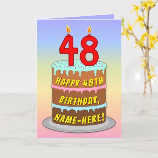 48th Birthday — Fun Cake & Candles, w/ Custom Name Kaart (Gele Bloem)