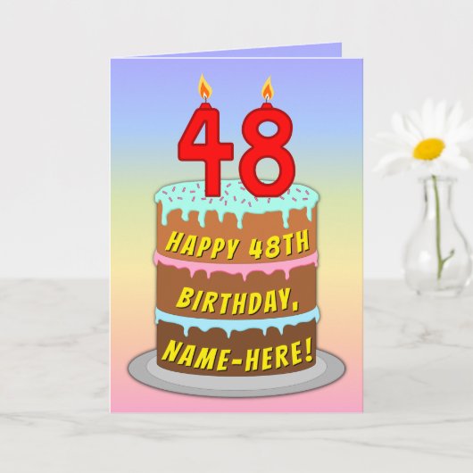48th Birthday — Fun Cake & Candles, w/ Custom Name Kaart (Kleine Plant)