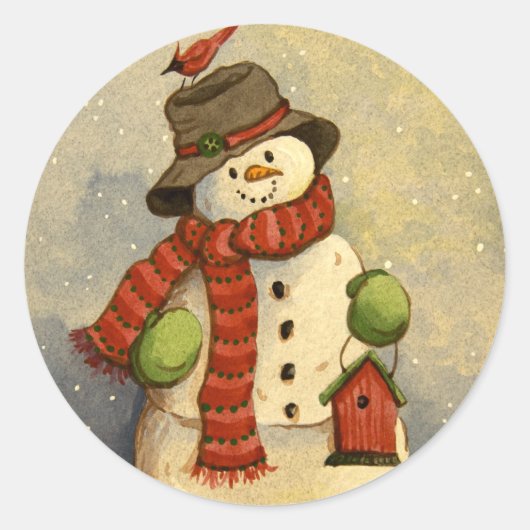 4905 Snowman & Birdhouse Kerstmis Ronde Sticker (Voorkant)